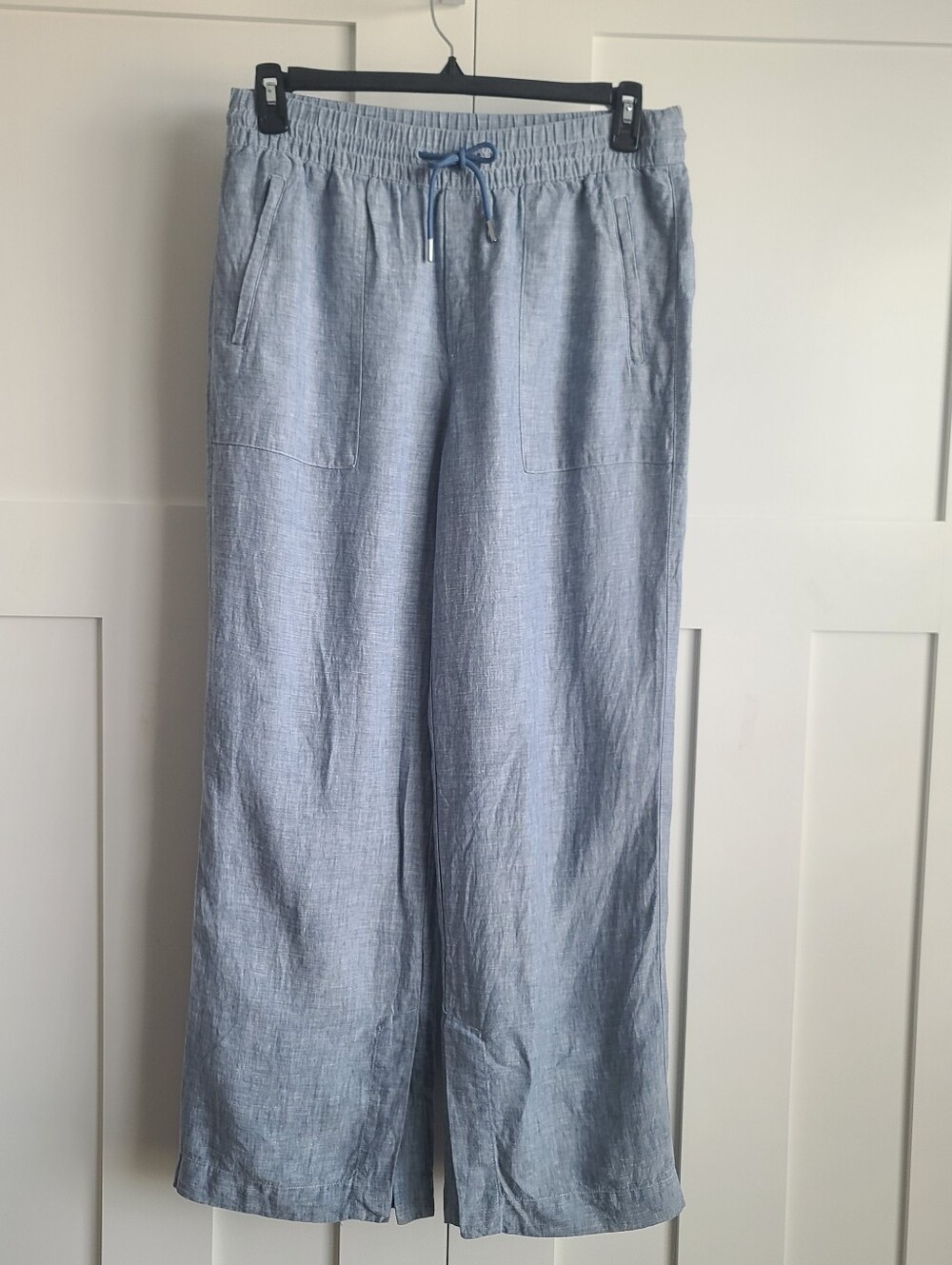 Athleta Retreat Linen Wide Leg Pants Pull On Drawstring Chambray Blue Women's 8
